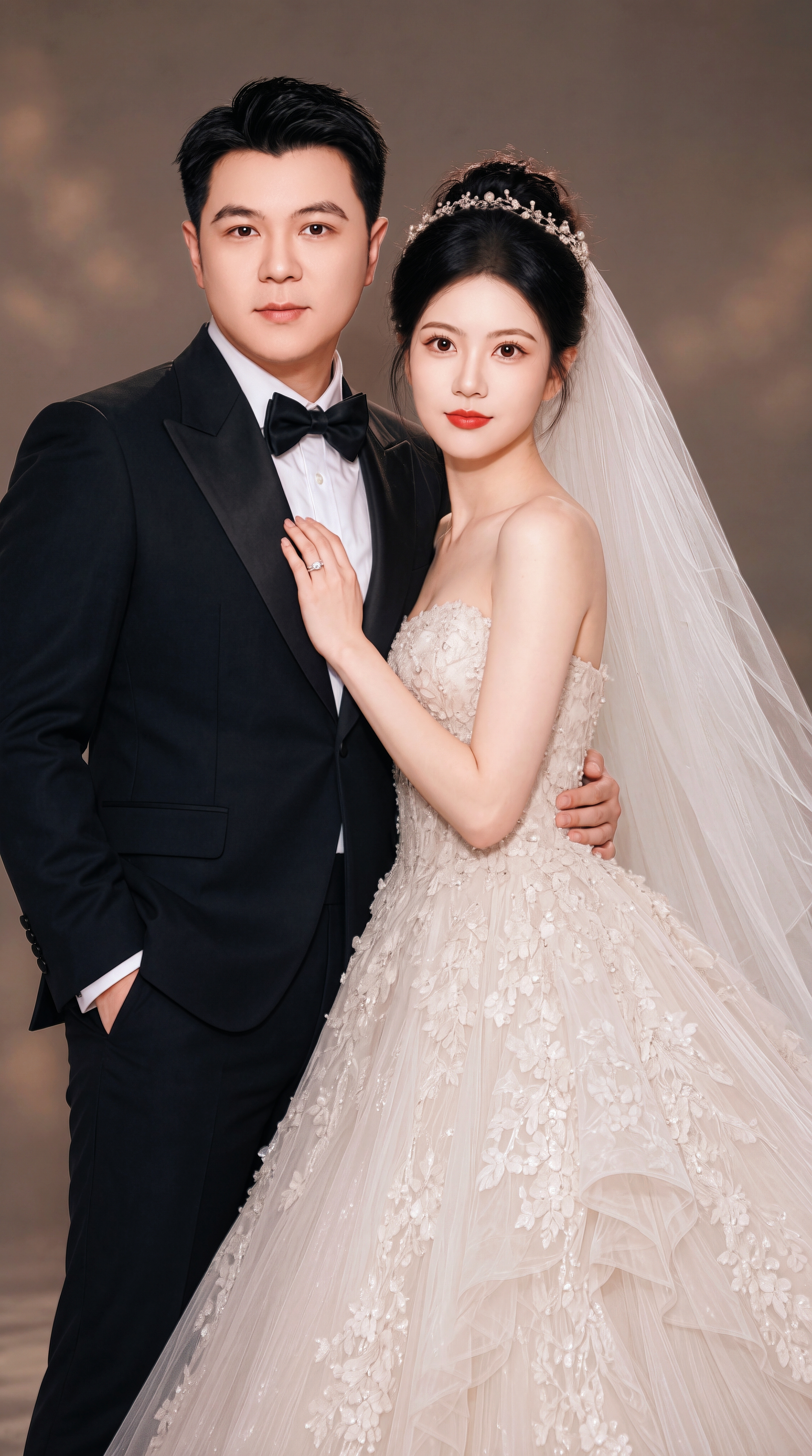 杜亚伦身着黑色礼服，熊梦然身着白色婚纱相拥合影